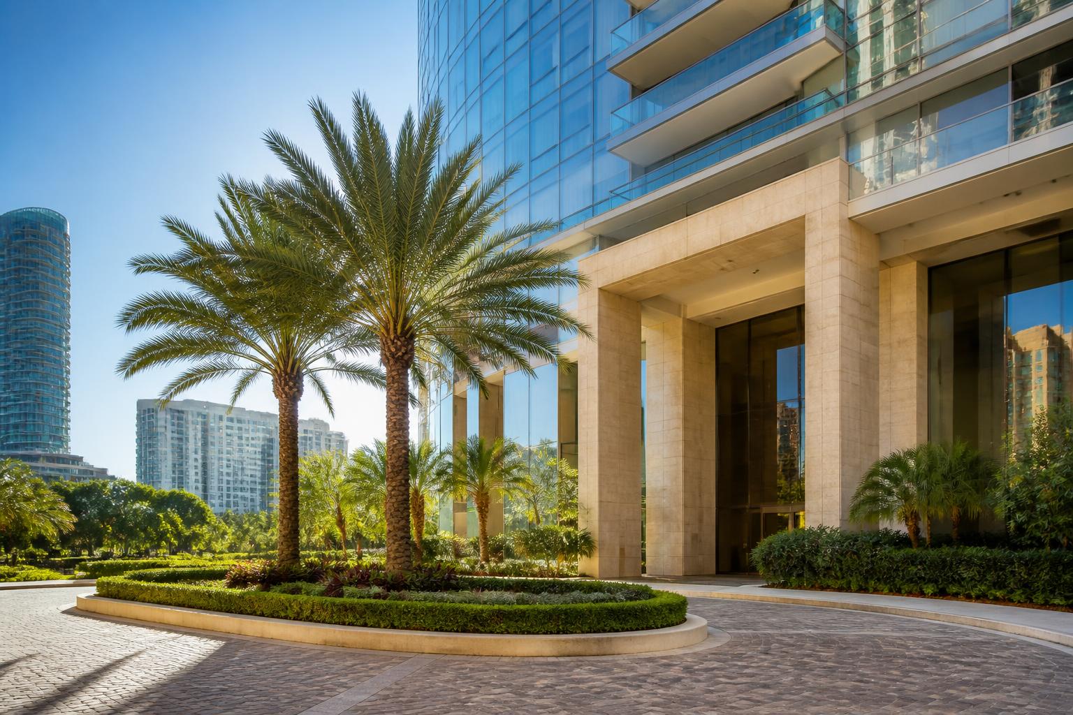 Glass condominium tower in Brickell Miami seen from a palm-lined street