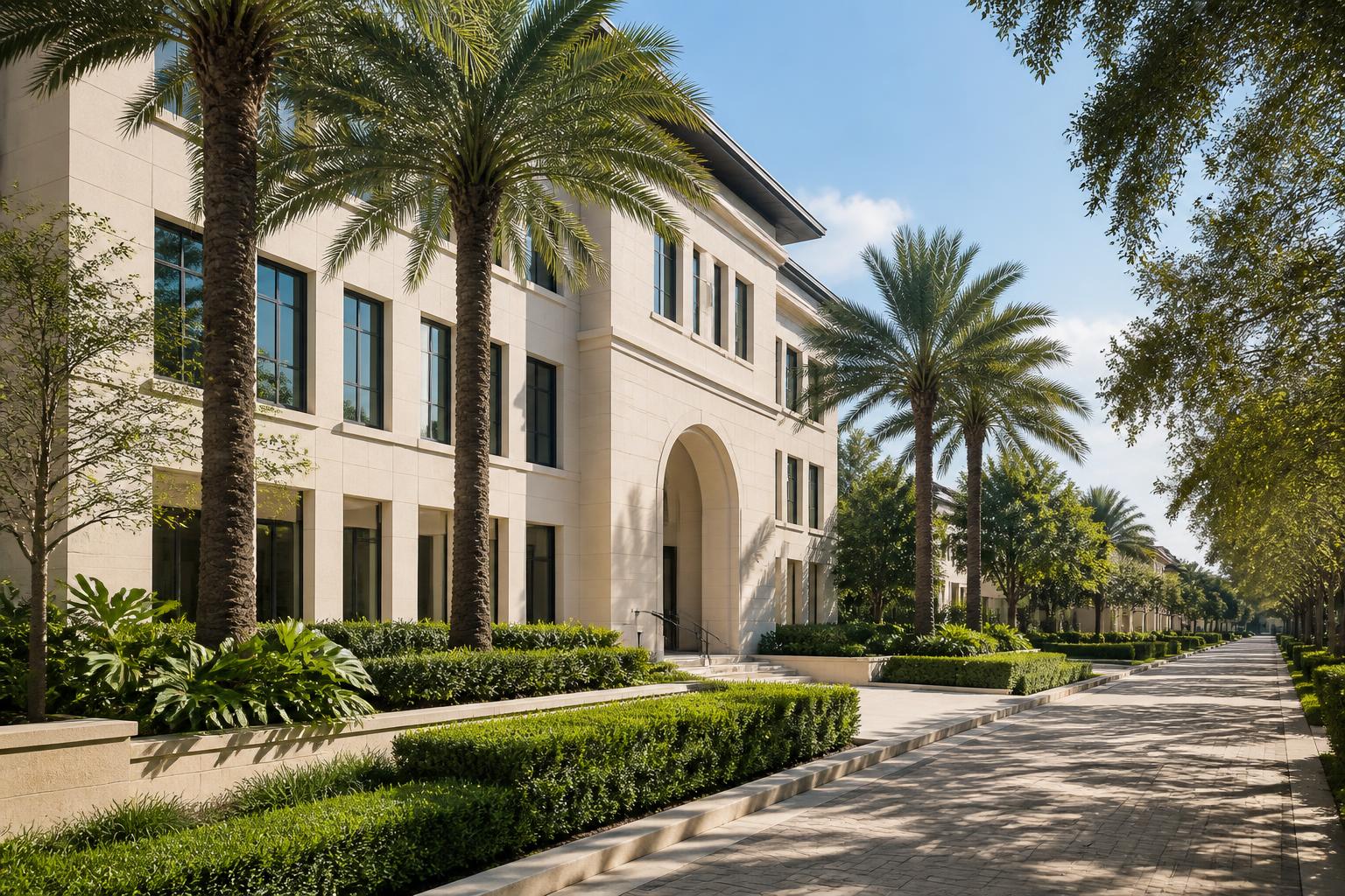Limestone boutique office building on a palm-lined Coral Gables streetscape